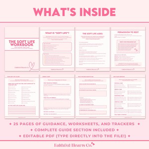 What's included in soft life workbook - complete guide section, boundary worksheets, vision pages, monthly check-ins, habits tracker and affirmations