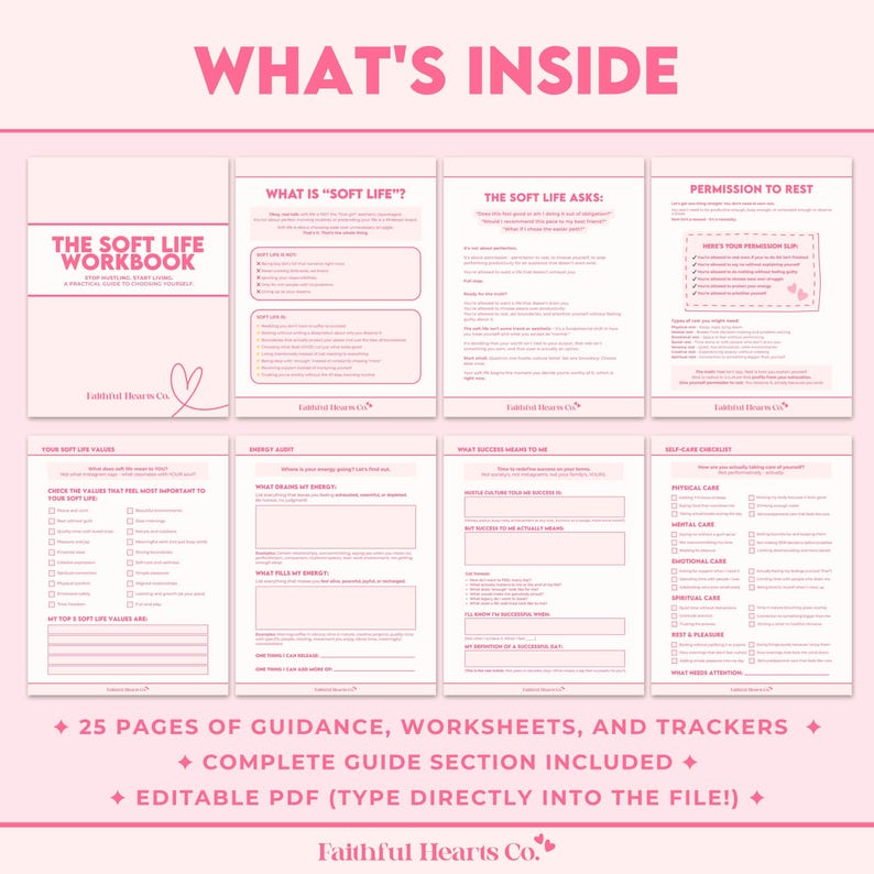 What's included in soft life workbook - complete guide section, boundary worksheets, vision pages, monthly check-ins, habits tracker and affirmations