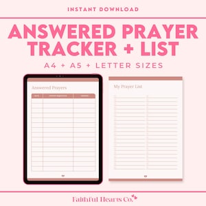 Könnte beinhalten: Ein digitaler Download mit rosa und weißem Design, der einen Gebetstracker und eine Gebetsliste enthält. Der Text "ANSWERED PRAYER TRACKER + LIST" wird angezeigt. Der Tracker befindet sich auf einem Tablet, die Liste auf einem separaten Blatt. Formate A4, A5 und Letter.
