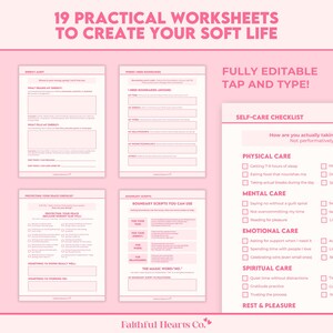 Soft life vision worksheets including ideal soft life vision, slow morning routine, slow evening routine, pleasure and rest planning pages