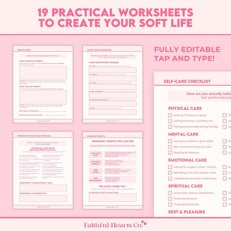 Soft life vision worksheets including ideal soft life vision, slow morning routine, slow evening routine, pleasure and rest planning pages