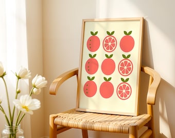 Nowoczesny wydruk ścienny z grejpfrutem, minimalistyczny wystrój kuchni z owocami, cyfrowy plakat do pobrania w formacie JPG, do wydrukowania
