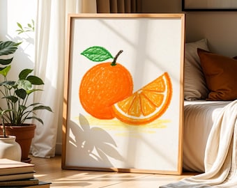 Orange Printable Wall Art | Cute Crayon Fruit Illustration | Kitchen Decor | Nursery Art | Kids Room Poster | Digital Download