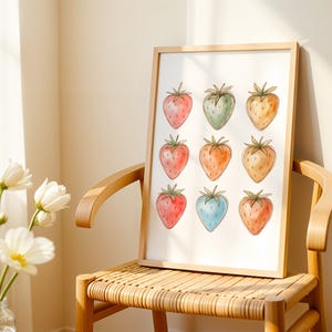 Watercolor Strawberries Wall Art Minimalistic Print Colorful Fruit Illustration Kitchen Decor Digital Download Playful Farmhouse Artwork