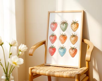 Watercolor Strawberries Wall Art Minimalistic Print Colorful Fruit Illustration Kitchen Decor Digital Download Playful Farmhouse Artwork