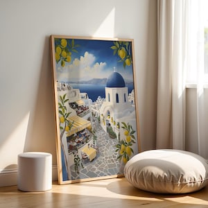 Santorini Coastal Village Painting Digital Wall Art Print Lemon Tree Accents
