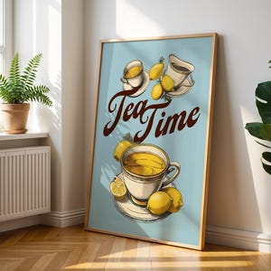 Ilustración retro de la hora del té con limón, tazas de té, decoración de cocina vintage, JPG