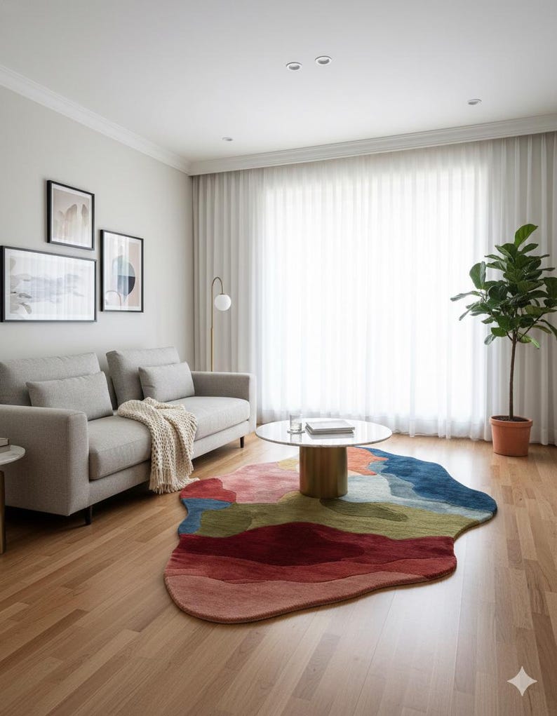 Alfombra de lana abstracta moderna hecha a mano de 6x9 pies, alfombra de área de forma irregular, decoración de piso contemporánea única imagen 2