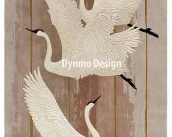Handmade Wool Area Rug 9x12, Modern Crane Design