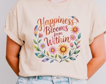 Boho Floral Sublimação PNG – Citação de Felicidade Floresce, Design de Camiseta Inspiradora, Clipart de Bondade PNG
