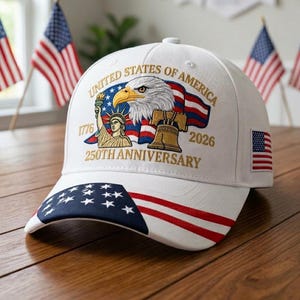 Könnte beinhalten: Eine weiße Baseballkappe mit einer Stickerei eines Weißkopfseeadlers, der Freiheitsstatue und der Liberty Bell sowie dem Text UNITED STATES OF AMERICA 1776 2026 250TH ANNIVERSARY. Der Schirm zeigt ein blau-weißes Sternenmuster und rote Streifen.
