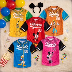 Camiseta de béisbol de Disney Mickey Mouse, camiseta personalizada de equipo Pluto Goofy Donald Minnie, camiseta Disney personalizada, regalo de cumpleaños familiar personalizado