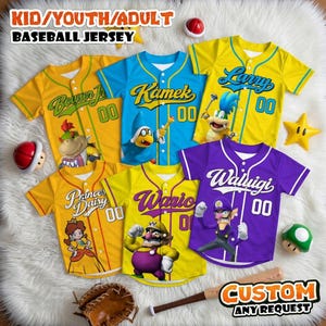 Custom Super Mario Baseball Jersey, Personalized Family Matching Birthday Shirt, Youth Adult Baseball Uniform, Custom Name Team Party Jersey