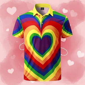 Könnte beinhalten: Ein kurzärmeliges Poloshirt mit einem Regenbogen-Herz-Design. Das Shirt hat einen gelben Kragen und eine Knopfleiste. Das Herzdesign besteht aus konzentrischen, regenbogenfarbenen Streifen.