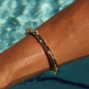 Gold Plated Waterproof Pearl & Crystal Cuff Bracelet, Hypoallergenic Minimalist Jewelry