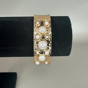 18k gold waterproof Gold Bracelet Anklet Textured Cuff with Pearls | Bold Statement | Adjustable Hammered Boho Jewelry