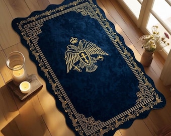 Orthodox Christian Prayer Mat with Double Headed Eagle, Byzantine Style Navy Blue Prayer Rug, Scalloped Edge Religious Mat