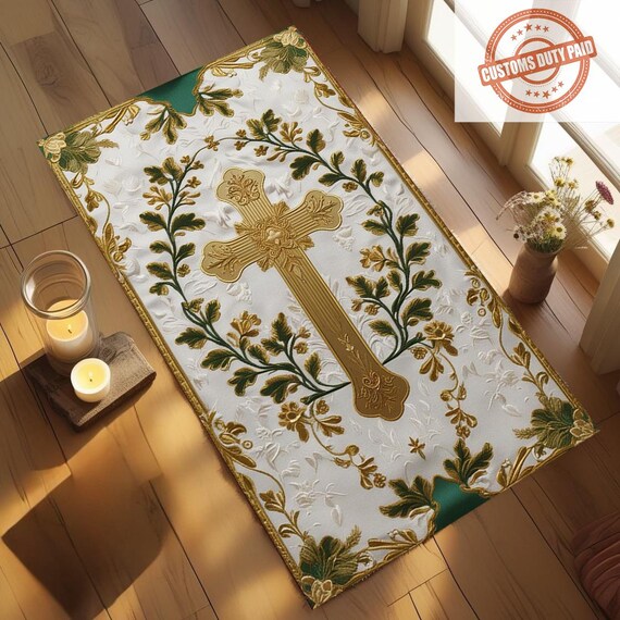 Golden Cross Christian Prayer Rug: Personalized Religious Gift