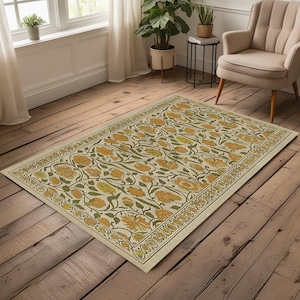 Vintage Floral Area Rug, Orange and Green Botanical Pattern  Floor Mat, Boho Digital Print Rug for Living Room or Entryway