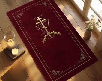 Russian Orthodox Golgotha Cross Prayer Rug ,Red and Gold Christian Prayer Mat, Traditional Liturgical Design