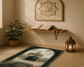 Luxury Velvet Prayer Mat, Kaaba View, Deep Green Islamic Prayer Rug, Premium Muslim Gift, Modern Salah Mat