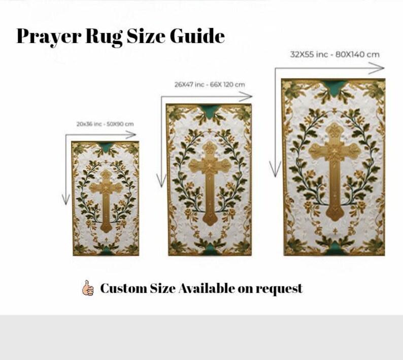 May include: Prayer rug size guide with three rectangular rugs. The rugs feature a gold cross design with floral accents on a white background. Sizes are 20x36 inches, 26x47 inches, and 32x55 inches. Custom sizes are available.
