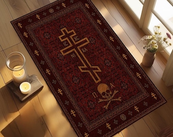 Orthodox Christian Prayer Rug, Red Cross Area Rug, Byzantine Inspired Devotional Carpet