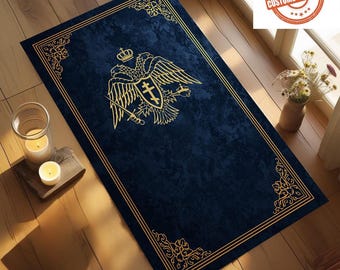 Byzantine Eagle Orthodox Prayer Mat, Navy Velvet Look, Christian Religious Rug