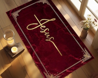 Jesus Prayer Mat, Velvet  Red Gold Christian Prayer Rug for Daily Devotion,Sacred Prayer Corner Decor ,Catholic & Orthodox Gift