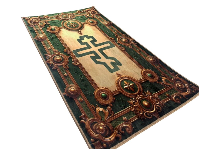 May include: A rectangular rug with an ornate design. The rug features a central beige panel with a green cross-like symbol. The border is dark green with gold-colored decorative elements, including medallions and floral patterns. The rug has a detailed, textured appearance.