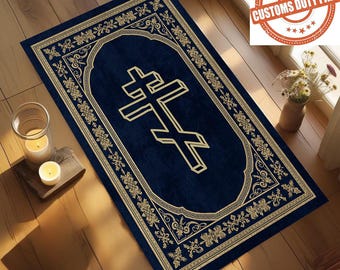Orthodox Christian Prayer Rug, Byzantine Cross Mat, Dark Blue Gold Religious Home Decor