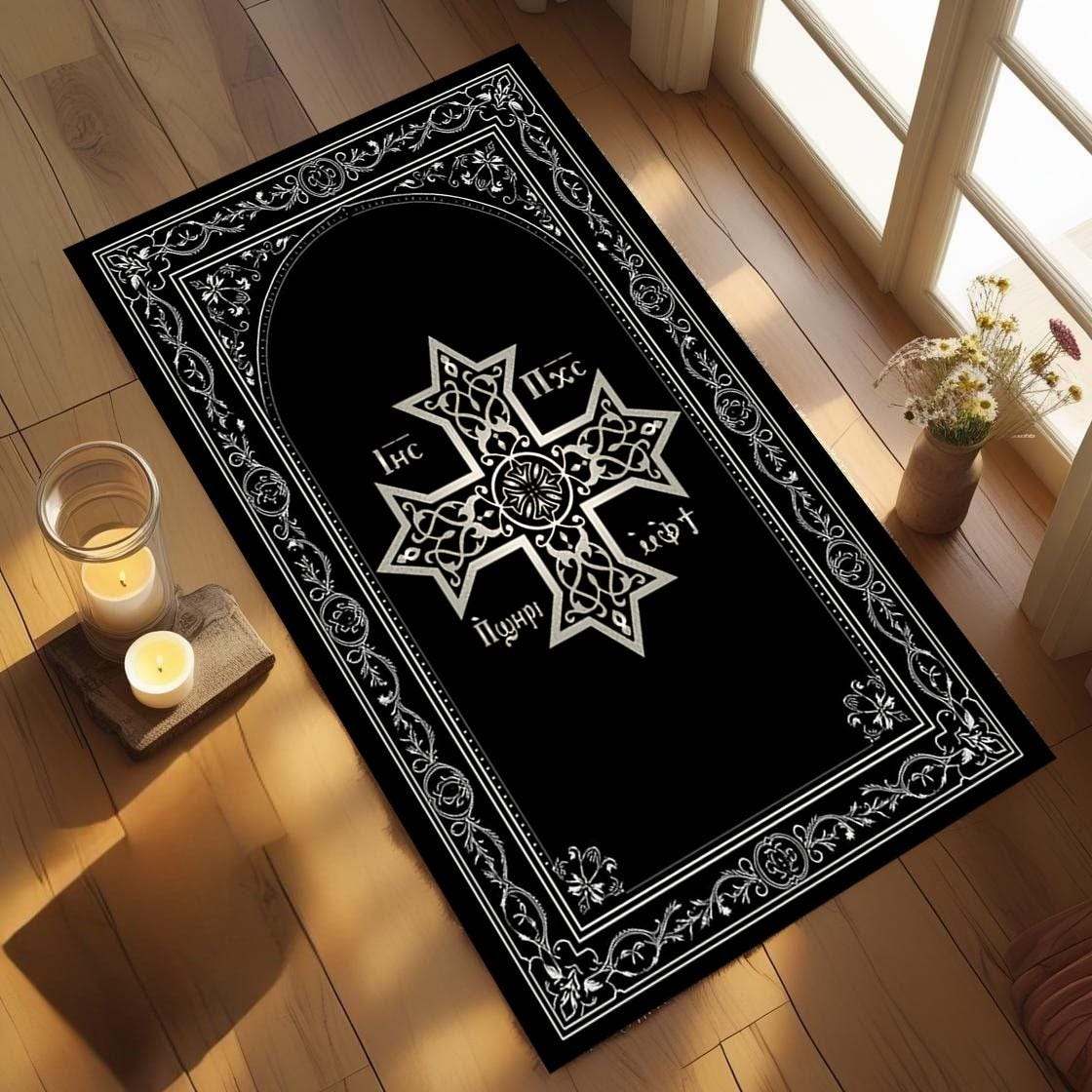 Coptic Cross Prayer Mat, Christian Velvet Soft Rug, Non-slip Floor Mat ...
