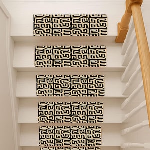 Abstract Black and Beige Stair Treads: Non-Slip Stair Rug Set