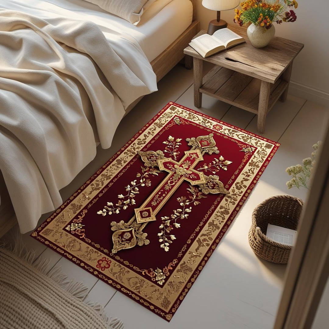 Christian Prayer Mat With Ornate Cross – 20x35 Inch Burgundy & Gold ...