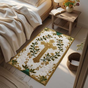 May include: A rectangular white rug with a gold cross design, surrounded by green and gold floral accents. The rug has a green border and is placed on a light-colored wooden floor. The rug is near a bed and a small wooden table.