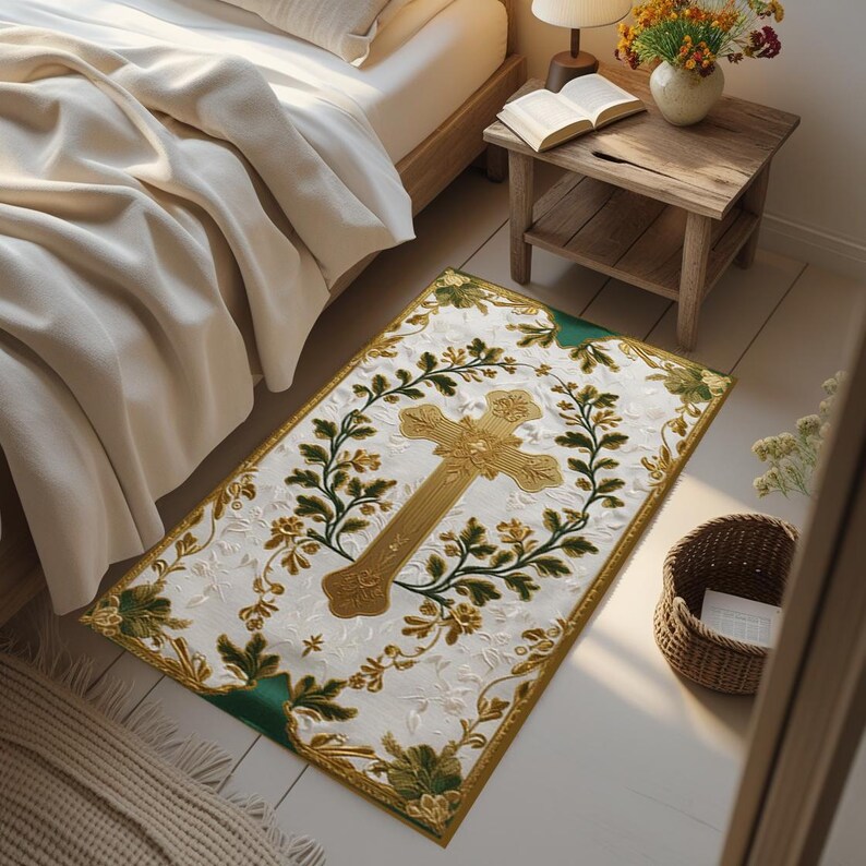 May include: A rectangular white rug with a gold cross design, surrounded by green and gold floral accents. The rug has a green border and is placed on a light-colored wooden floor. The rug is near a bed and a small wooden table.