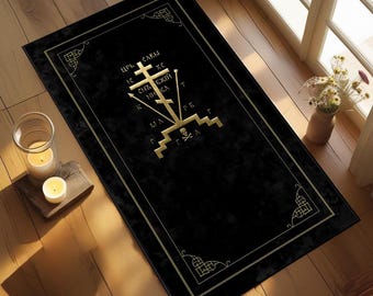 Russian Orthodox Golgotha Cross Prayer Rug, Black and Gold Christian Prayer Mat, Traditional Liturgical Design