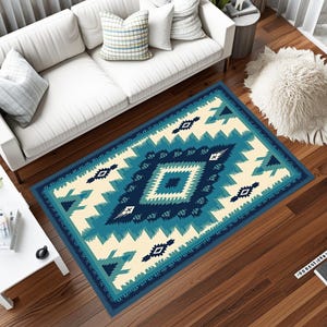 Blue Southwestern Native Decor Rug, Vibrant İnterior Decor Rug ,Rug Washable Navajo Tribal Style Area Rug ,Digital Printed Rug