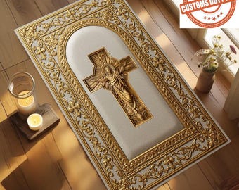 Christian Prayer Corner Rug: Gold and White Jesus Cross Art, Washable & Non-Slip Praying Mat, Catholic, Orthodox