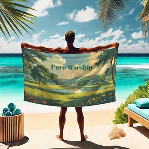 Pure Worship Paradise Beach Towel ,Jehovah’s Witness Inspired Gift ,Retro Peaceful Landscape Summer Towel, Dijital print towel
