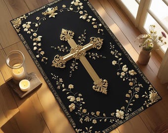Orthodox Christian Prayer Mat: Red & Gold Church Design