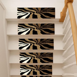 Brown Non-Slip Stair Treads ,Washable Boho Farmhouse Rug for Wooden Stairs, Dijital Print Rustic Stair Rug Set, Custom Size Runner Option