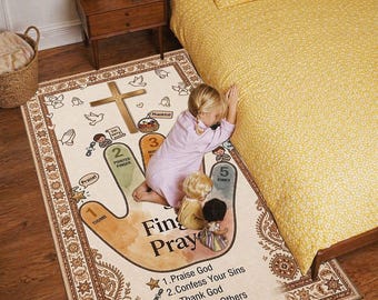 Alfombra de oración personalizada de 5 dedos para niños, alfombra de oración cristiana, alfombra marrón neutra para guardería, decoración para la escuela dominical, regalo de bautismo