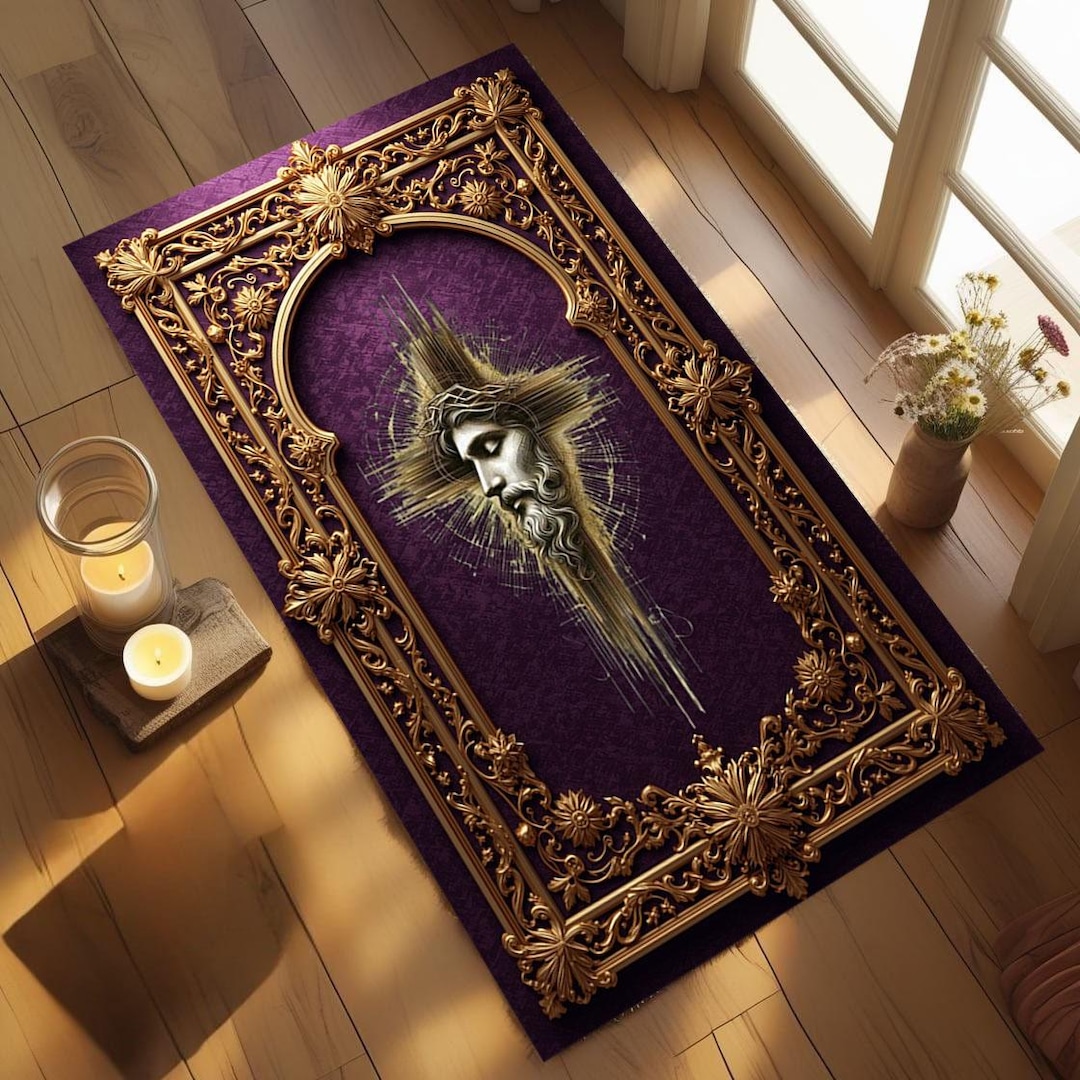 Prayer Rug 3d Luxury Christian Prayer Rug: 3D Cross, Jesus Silhouette, Purple & Gold ...