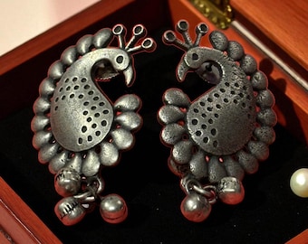 Oxidized Silver Peacock Stud Earrings, Tribal Bird Statement Earrings, Boho Ethnic Jewelry Gift for Women