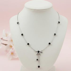 Elegant Silver Star Pendant Necklace with Plack Crystal beads - Dainty Y-Drop Chain Jewelry for women