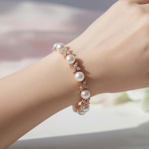 Elegant Natural Pearl & Moissanite Bracelet | Sterling Silver Floral Tennis Bracelet | Bridal Jewelry Gift for Women.