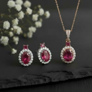 Oval cut Ruby & Moissanite Halo Jewelry Set | Ruby Stud Earrings and Pendant Necklace | July Birthstone | Anniversary Gift for Her | Handmad
