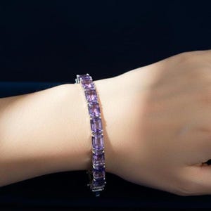 Natural Amethyst Bracelet | Rectangular Cut Purple Gemstones | Sterling Silver Tennis Bracelet Gift for Women