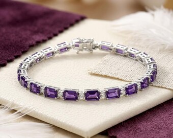 Elegant Purple Amethyst Tennis Bracelet, Baguette Cut ,Silver Link Bracelet, February Birthstone Jewelry, Gift for her